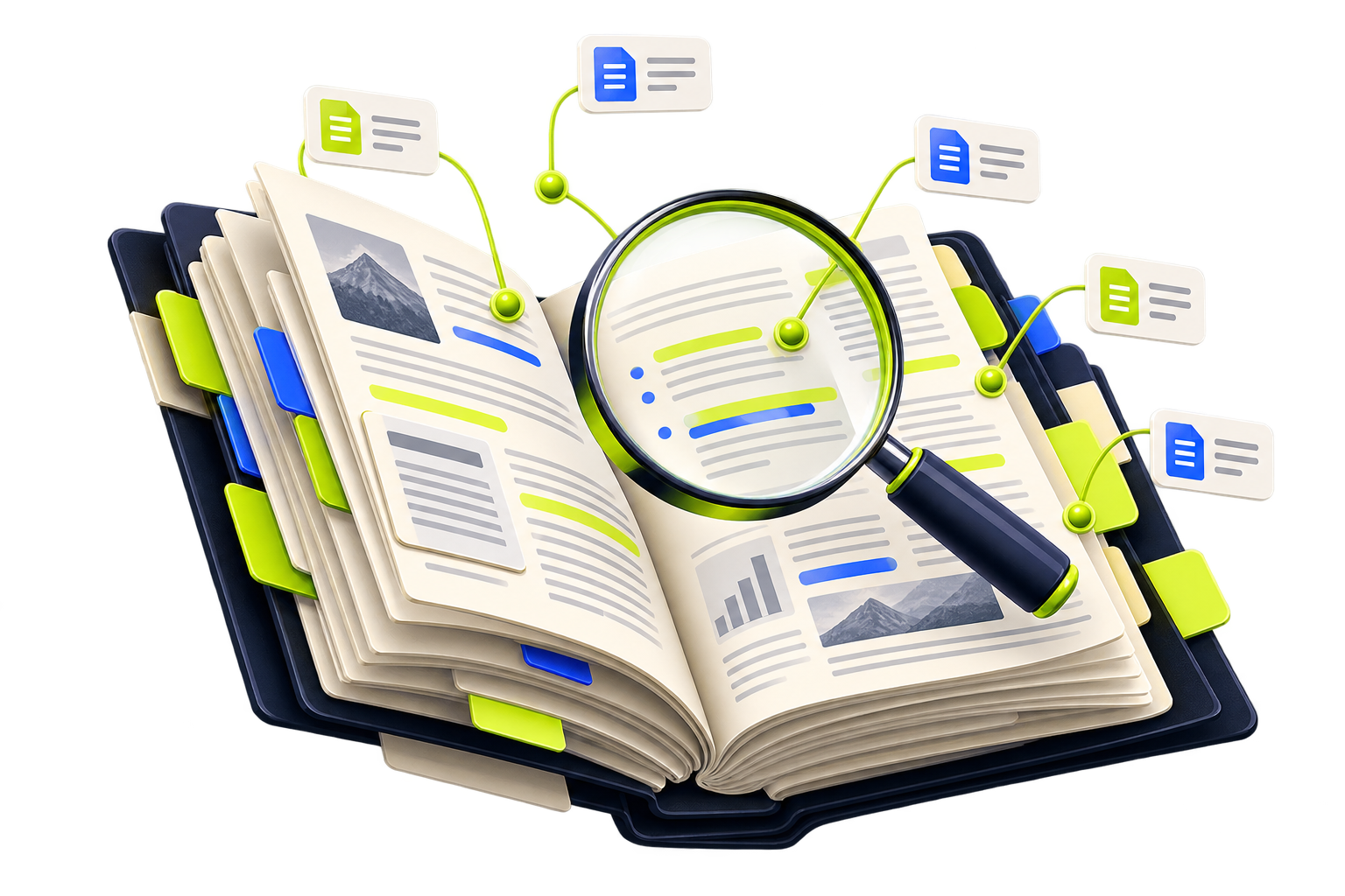 Documents and a magnifying glass